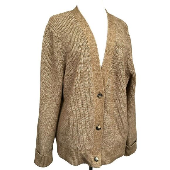 Talbots 3 Button V-Neck Boyfriend Cardigan Sweater Sz XL Heathered Camel Tan - Picture 1 of 6